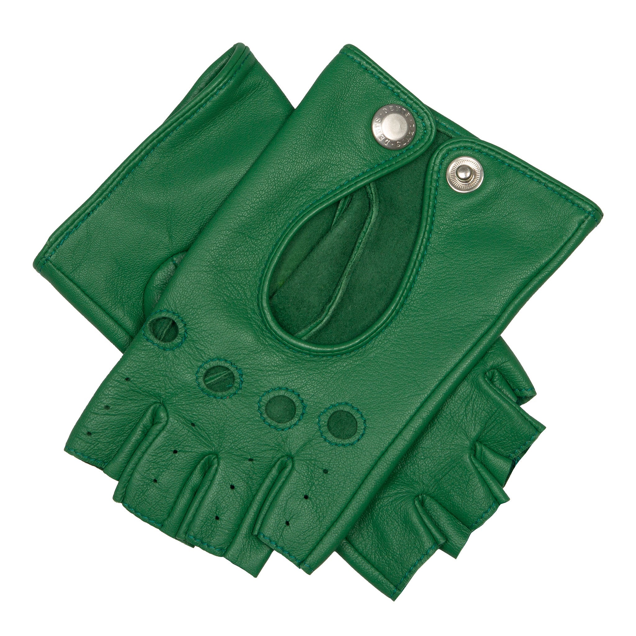 Dents Womens Fingerless Leather Driving Gloves in Emerald