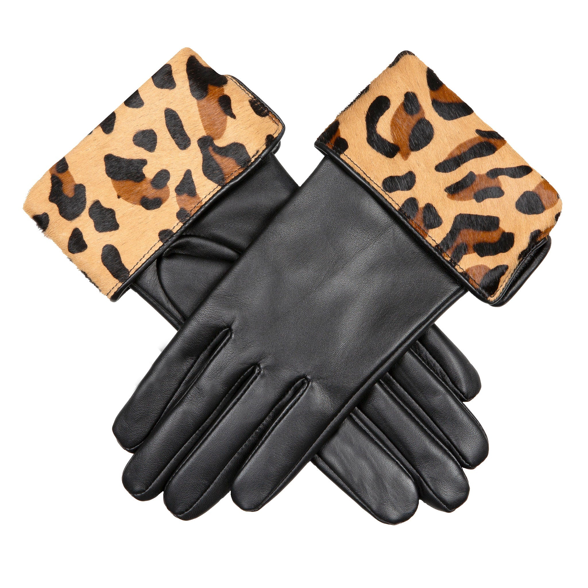 Dents Womens Lined Leather Gloves with Ponyskin Leopard Print Cuffs - Black Dents Womens Lined Leather Gloves with Ponyskin Leopard Print Cuffs - Black