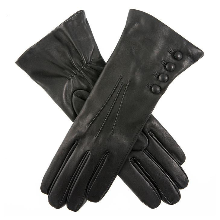 Women's Three-Point Cashmere-Lined Leather Gloves with Buttons Dents