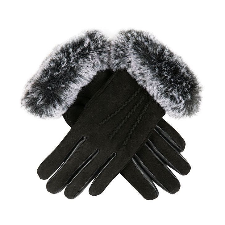 Womens Water-Resistant Three-Point Faux Fur-Lined Nubuck Leather Gloves with Faux Fur Cuffs, Black / M Womens Water-Resistant Three-Point Faux Fur-Lined Nubuck Leather Gloves with Faux Fur Cuffs, Black / M