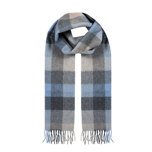 Blue, Grey and Beige Check Cashmere Scarf with Tassels and Gift Box
