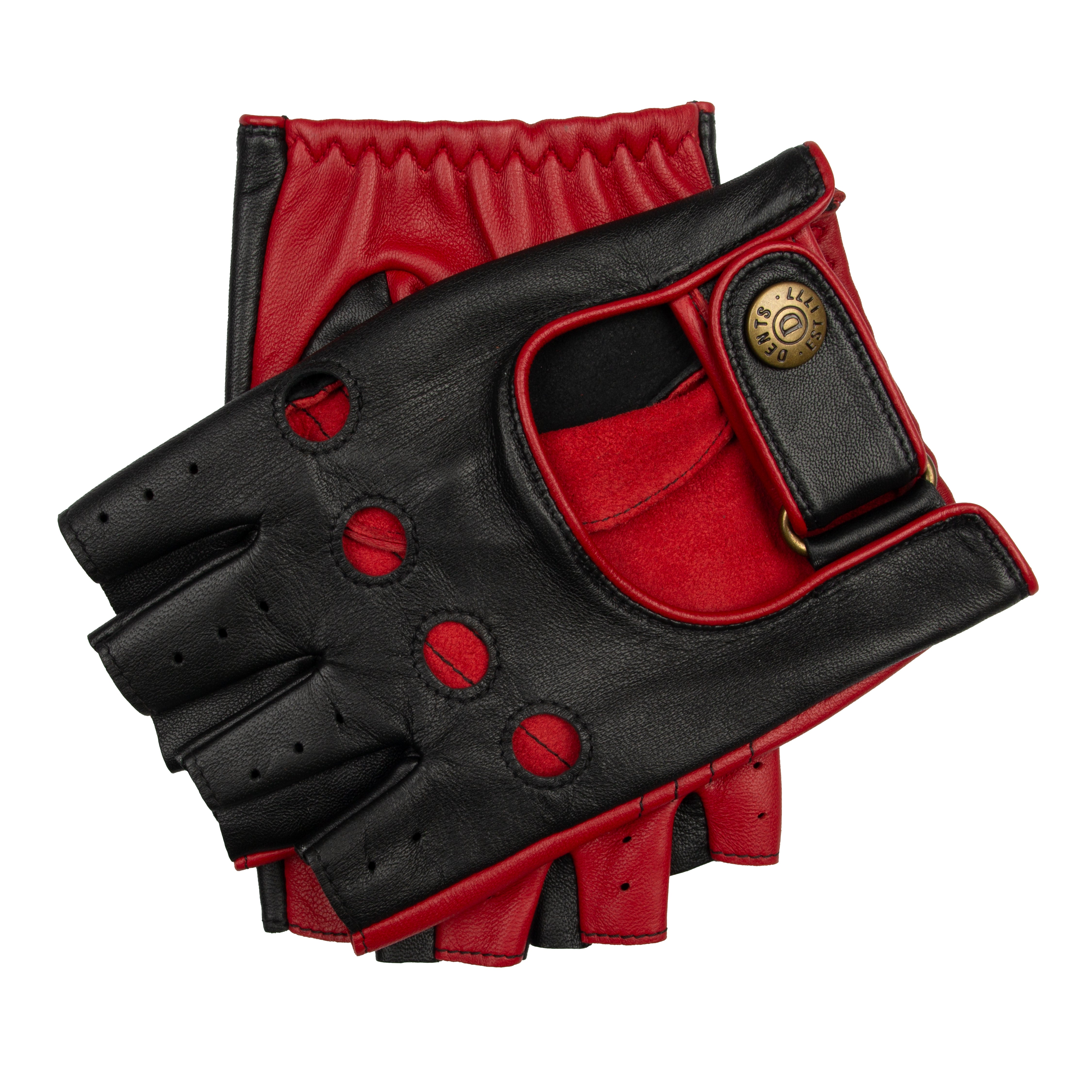 Men's Fingerless Water-Resistant Two-Colour Leather Driving Gloves, BLACK/BERRY / XL Men's Fingerless Water-Resistant Two-Colour Leather Driving Gloves, BLACK/BERRY / XL