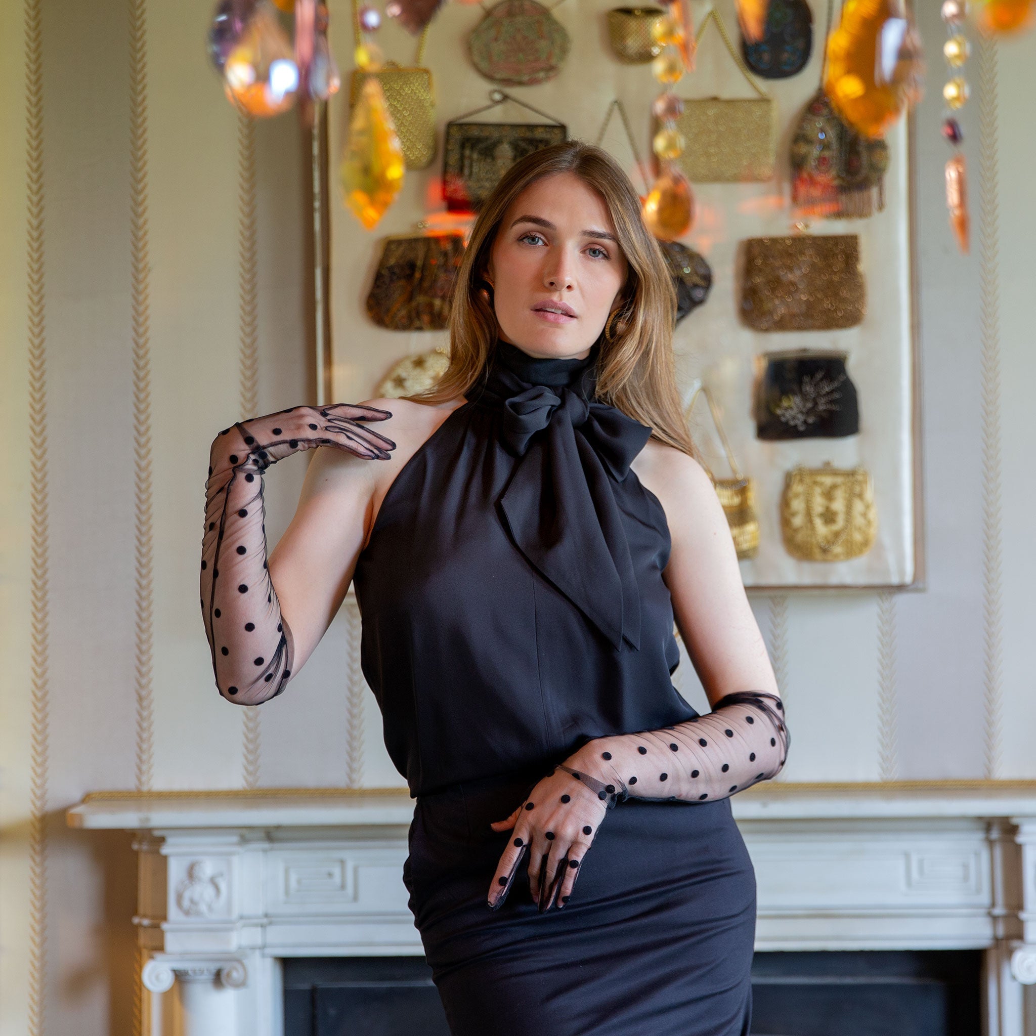 long black dress gloves Dents Women’s Opera Spotty Tulle in especially a sparkly rhinestone badge-back in stock Button Up Long Sleeve Color:Black/Off White