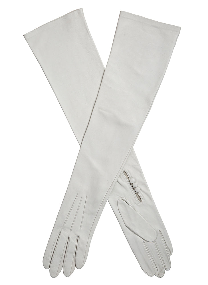 Women's Three-Point Long Opera Leather Gloves with Buttons, White / 8 Women's Three-Point Long Opera Leather Gloves with Buttons, White / 8