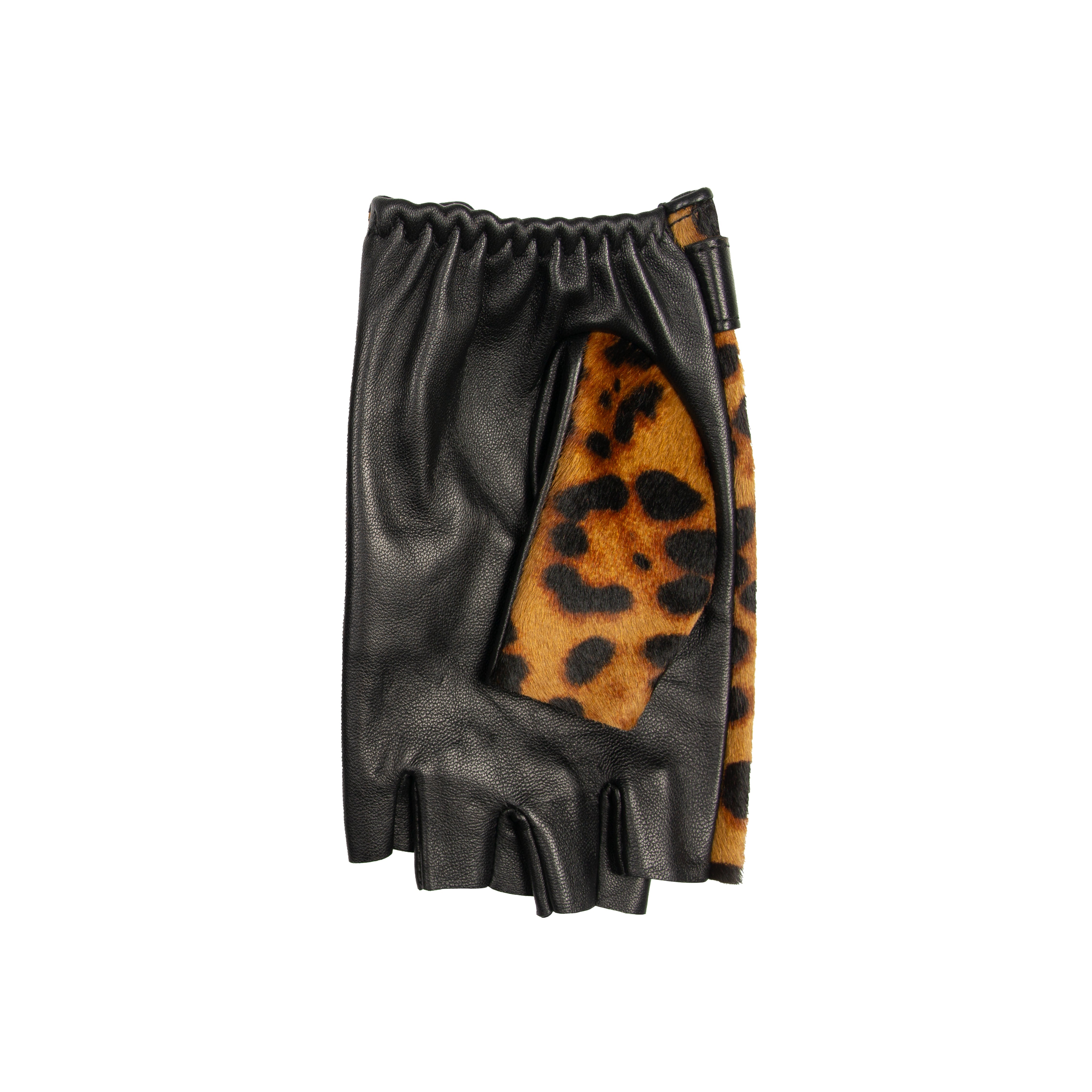 Women's Fingerless Leather Driving Gloves with Ponyskin Leopard Print