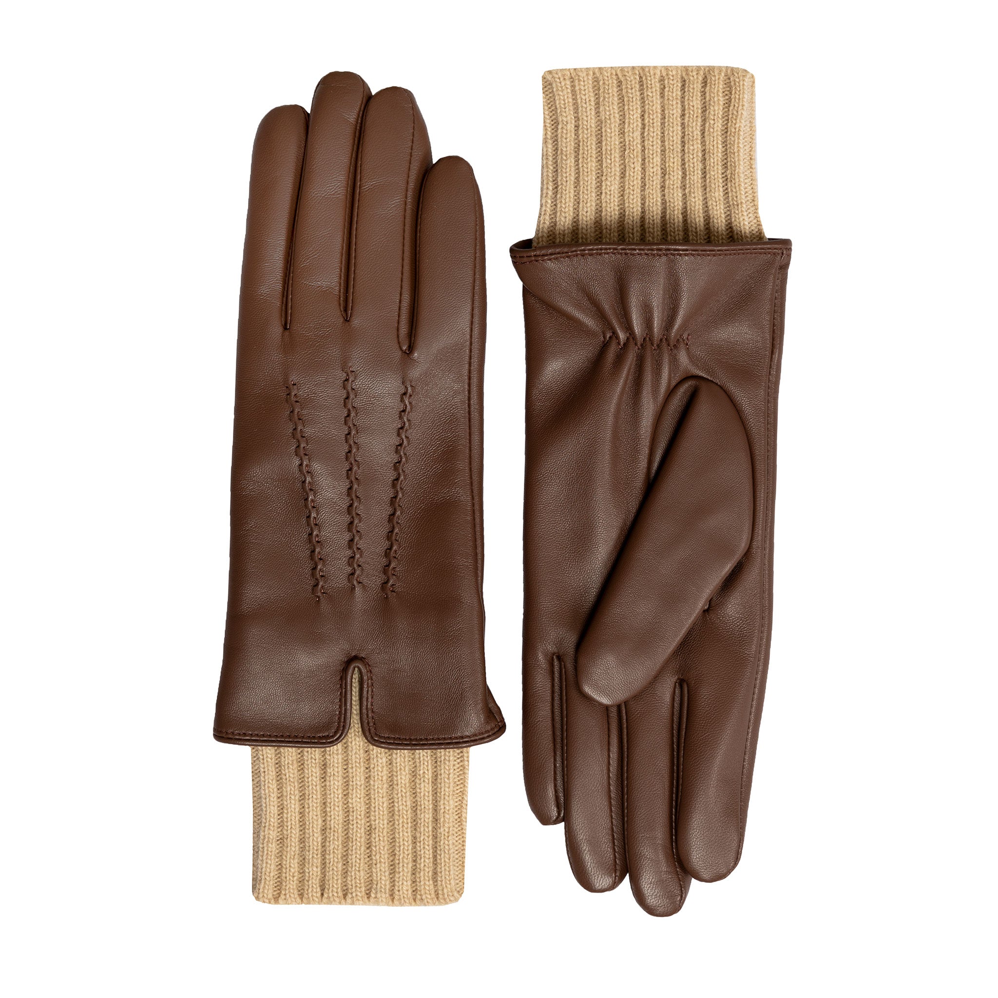 Women's Three-Point Wool Blend-Lined Leather Gloves with Knitted
