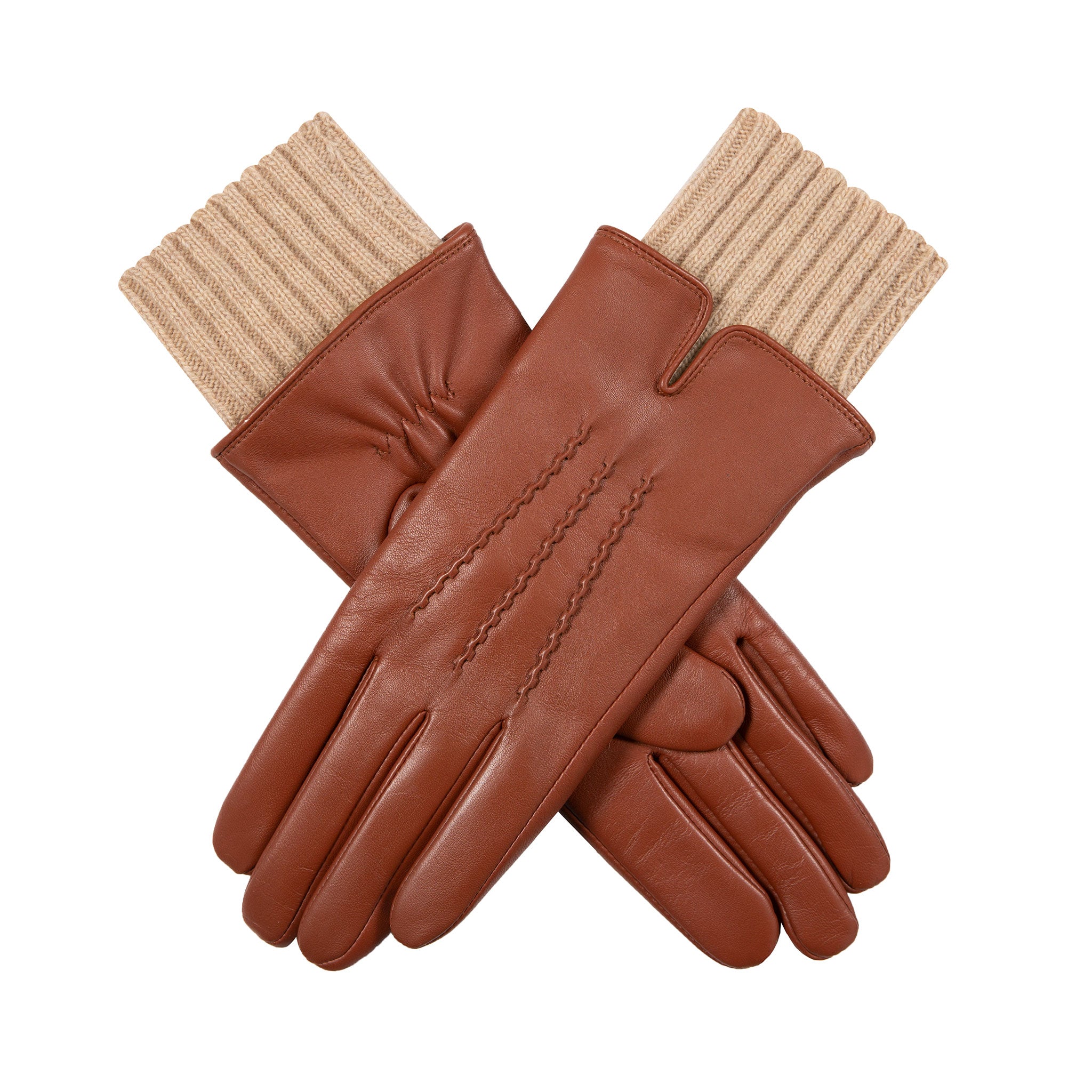Women's Three-Point Wool Blend-Lined Leather Gloves with Knitted