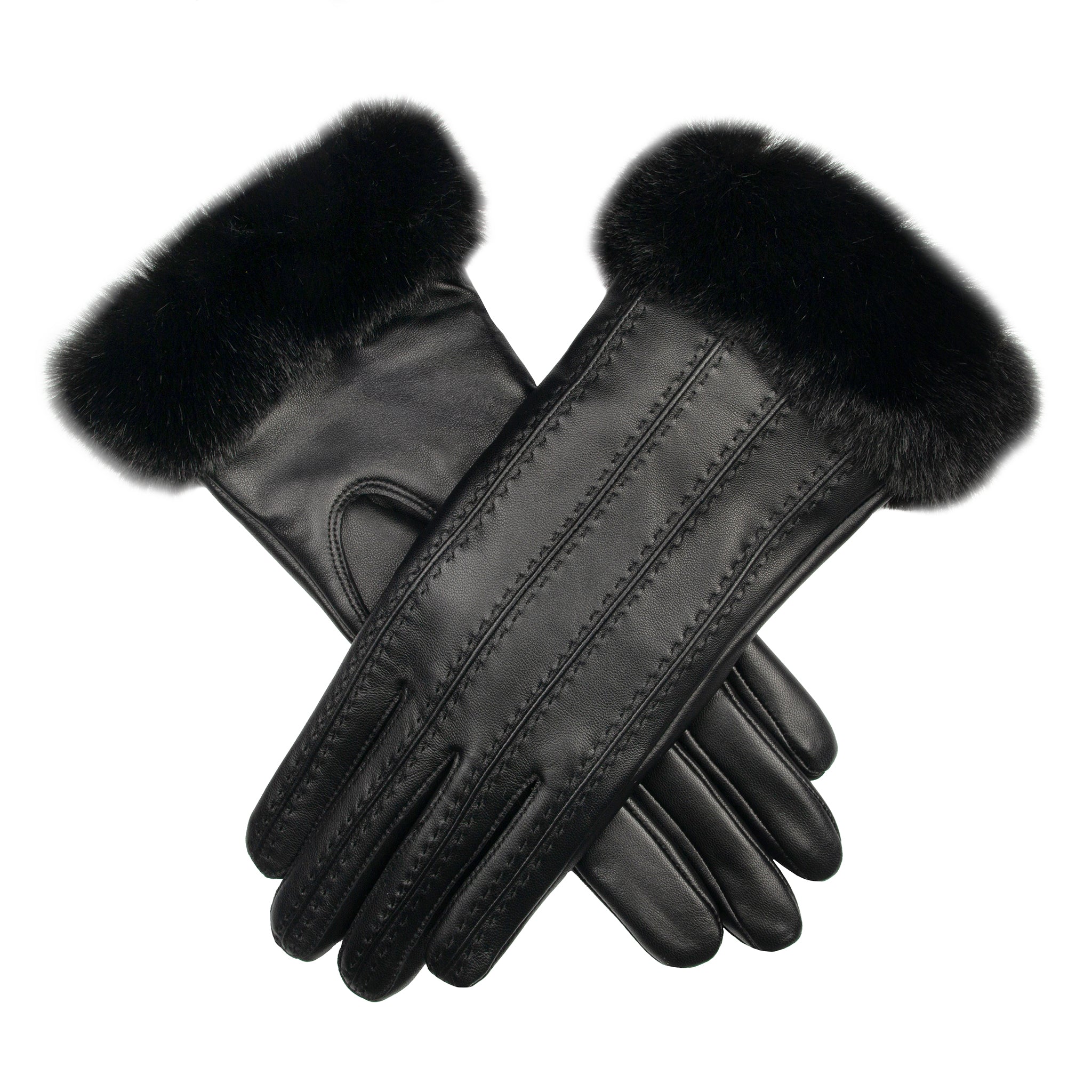 Women's Faux Fur-Lined Leather Gloves with Stitch Detail and Faux