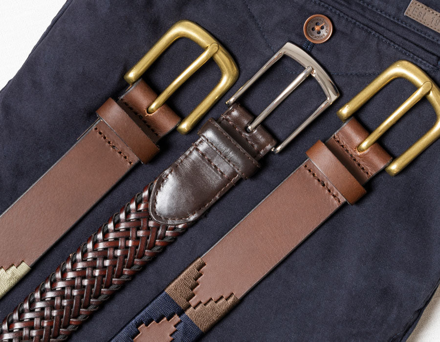 Men's leather belts in various colours and styles