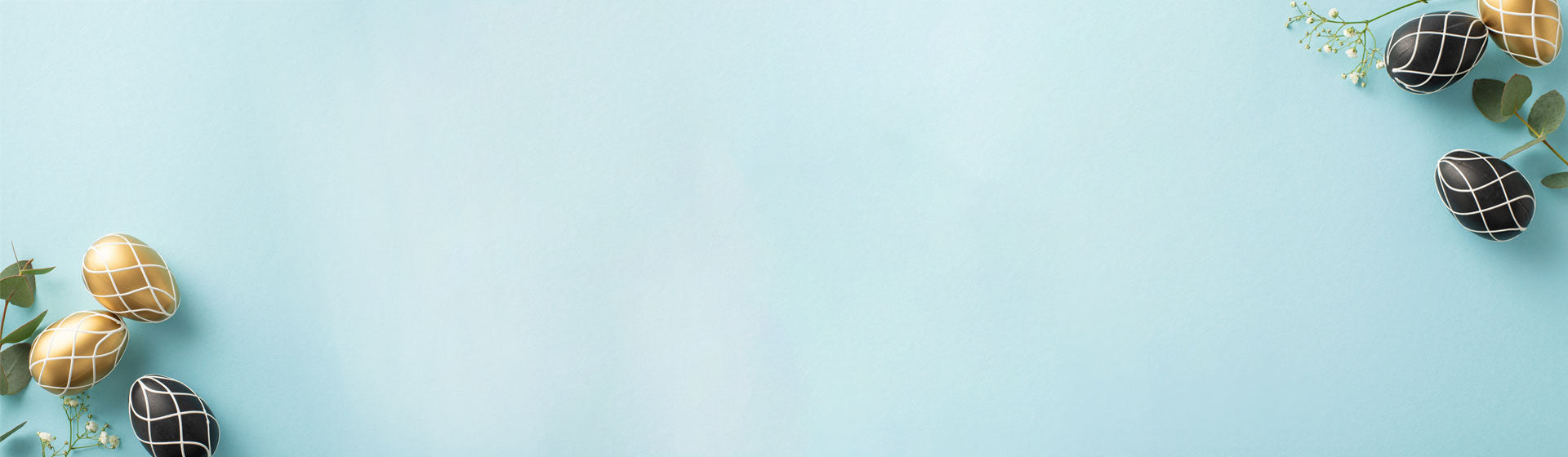 Blue background with black and gold easter eggs and flowers. 