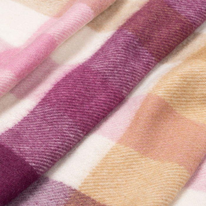 Heritage Plaid Check Cashmere Scarf with Tassels in Aubergine closeup