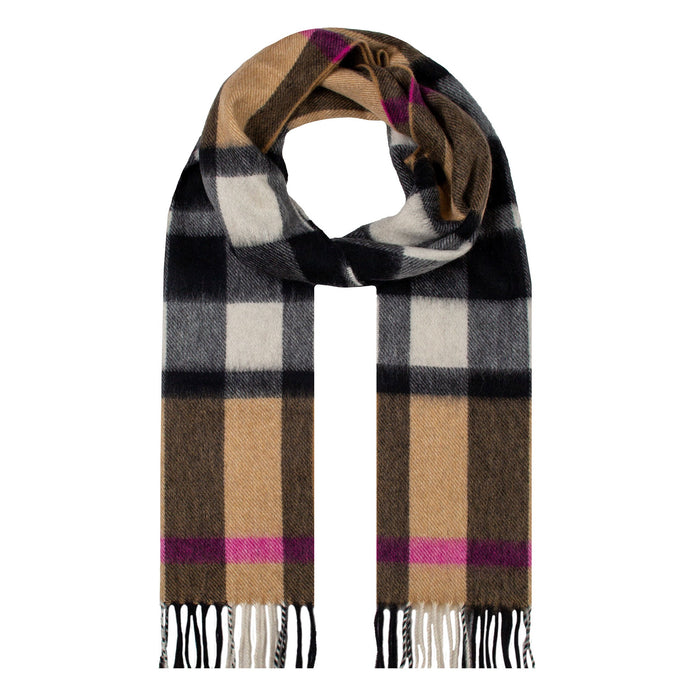 Heritage Plaid Check Cashmere Scarf with Tassels in Camel loop