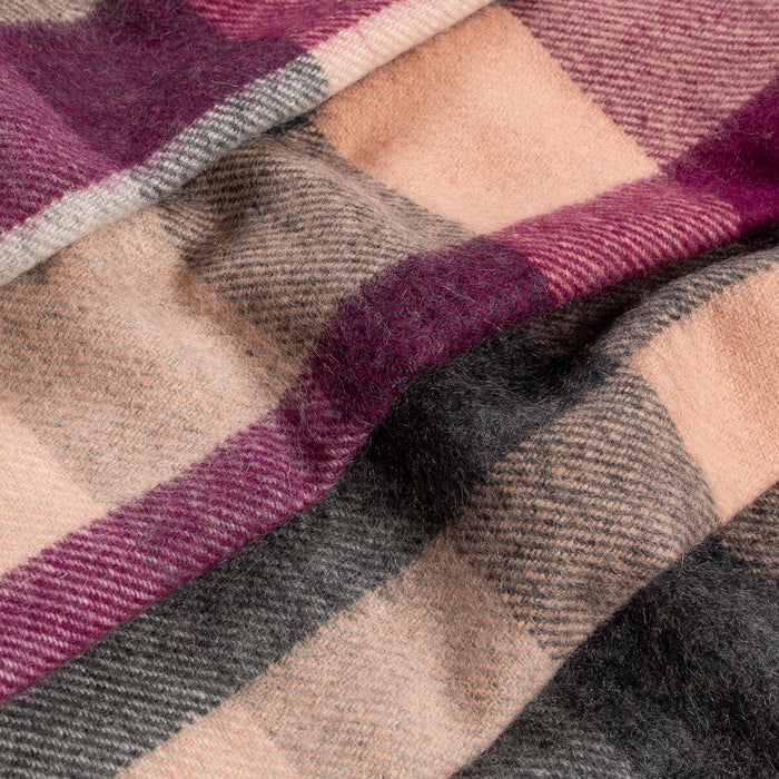 Heritage Plaid Check Cashmere Scarf with Tassels in Cassis closeup