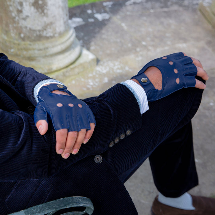 fingerless handschuhe Men's Fingerless Leather Driving Gloves, ROYAL BLUE / L