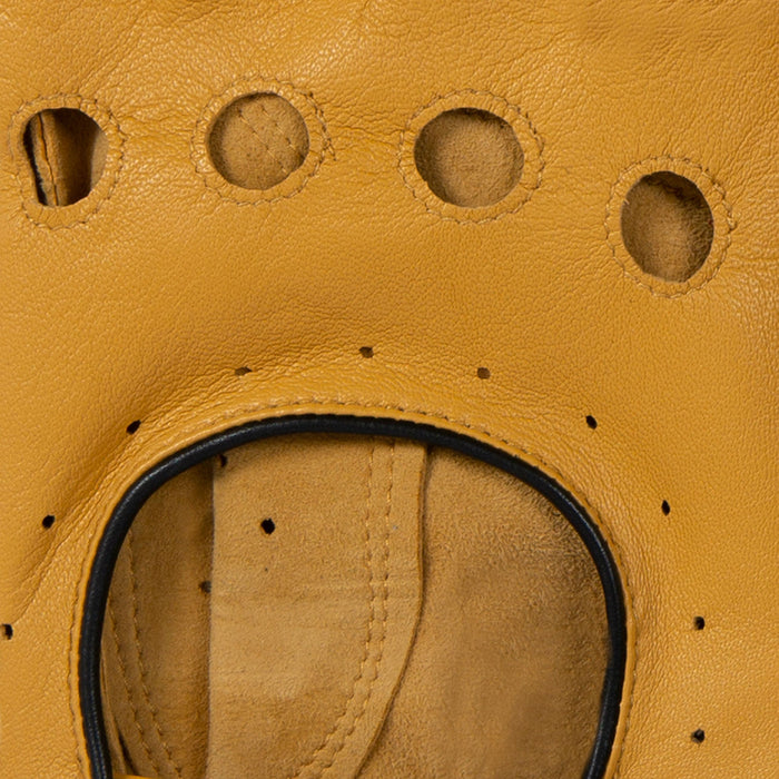 Men's classic leather driving gloves in cork with black pipping - close up of the cut out back with knuckle holes
