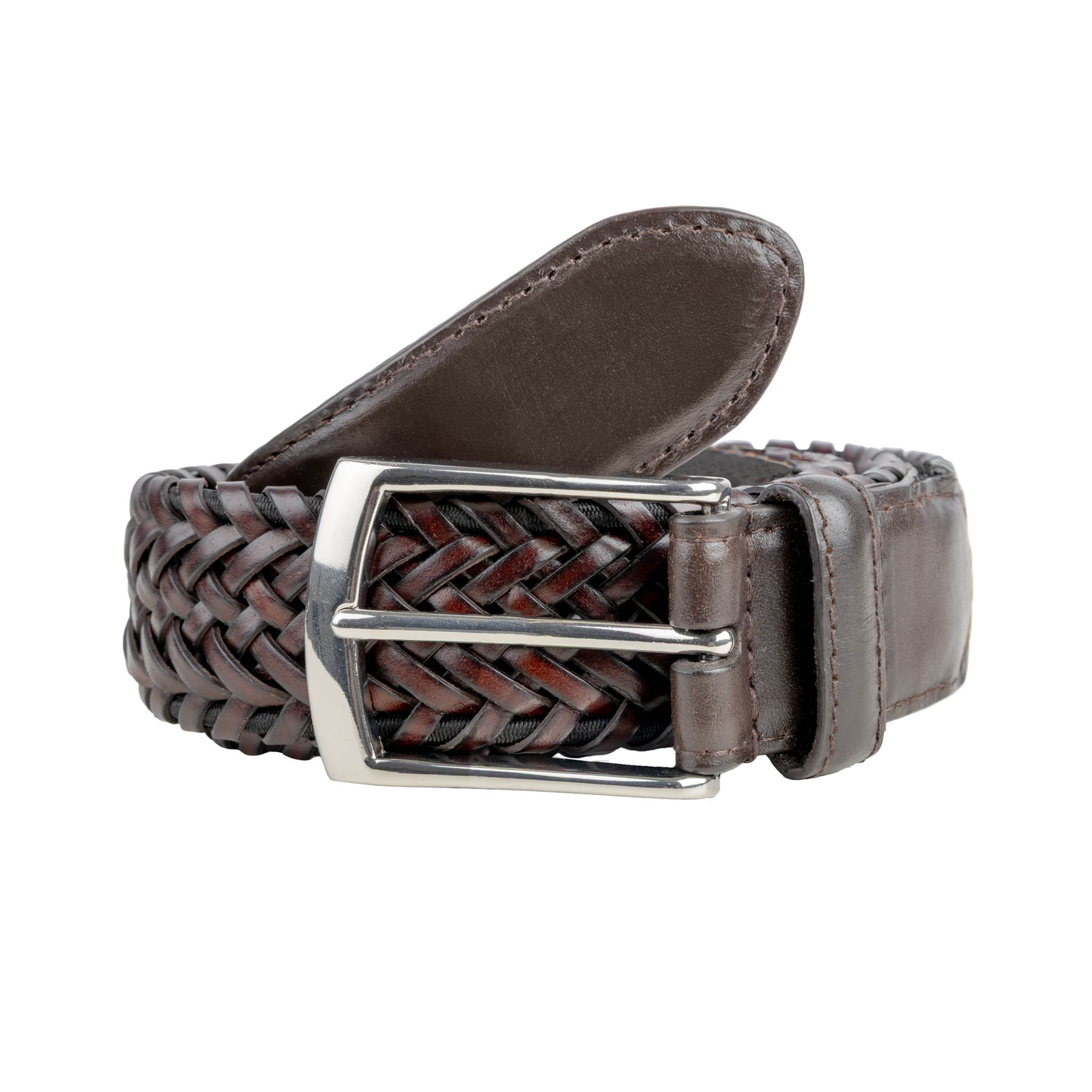 Men's Woven Leather Belt with Satin Nickel BuckleBROWN / S