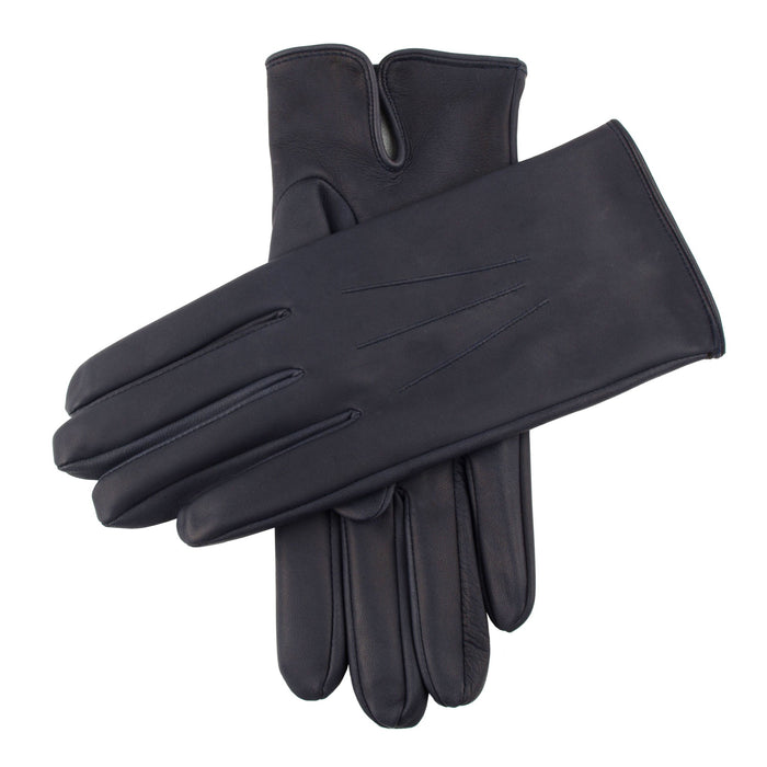 Men's Navy Heritage Three-Point Silk-Lined Leather Gloves