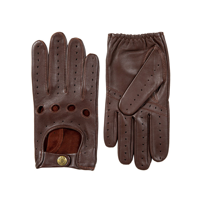 Men's leather driving gloves in English tan brown side by side