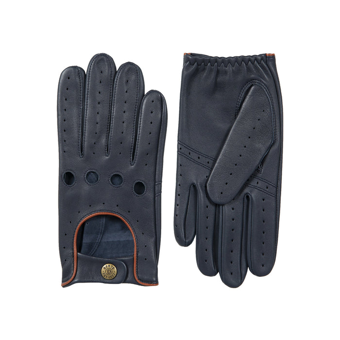 Men's leather driving gloves in Navy blue with Tan brown trim side by side