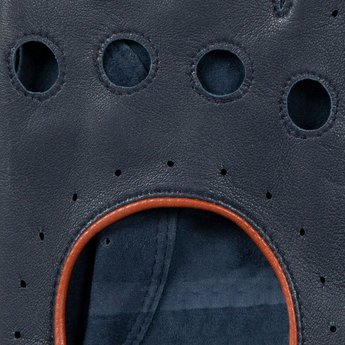 Men's leather driving gloves in Navy blue with Tan brown trim  knuckle