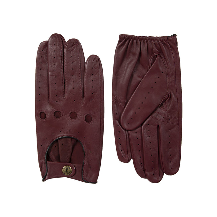 Men's leather driving gloves in Wine red with Black trim SIDE BY SIDE