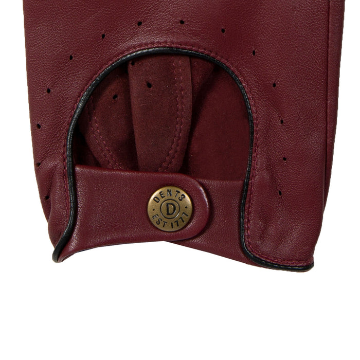 Men's leather driving gloves in Wine red with Black trim right cuff