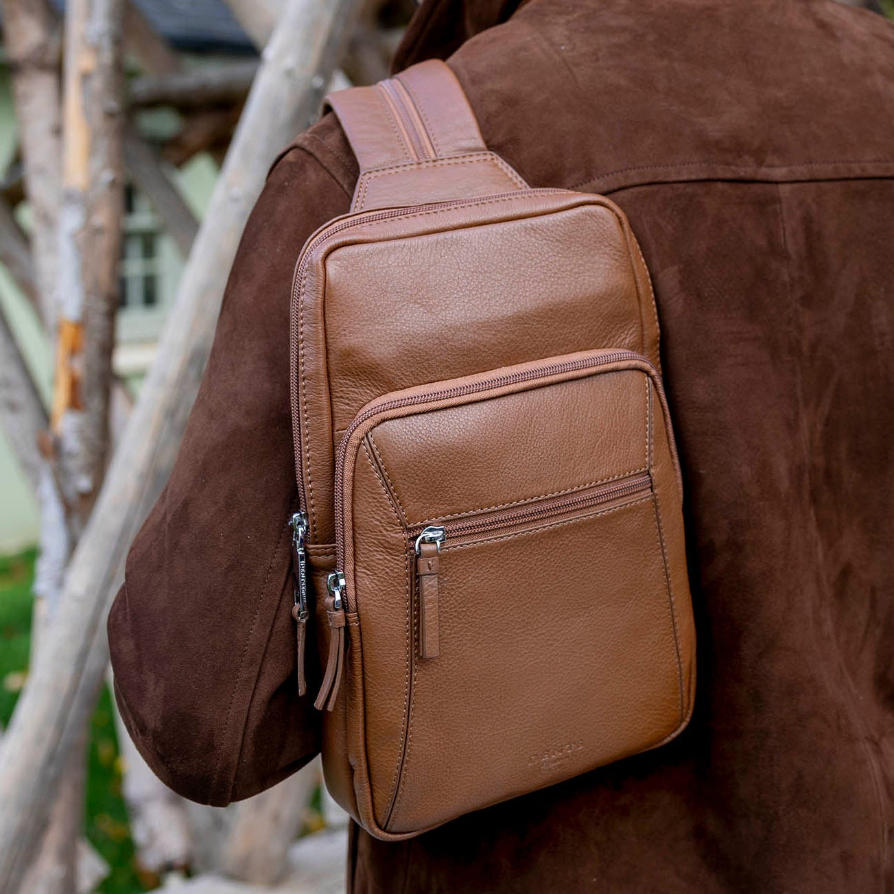 brown leather small backpack mens Men's Small Pebble Grain Leather Backpack, Caramel / One