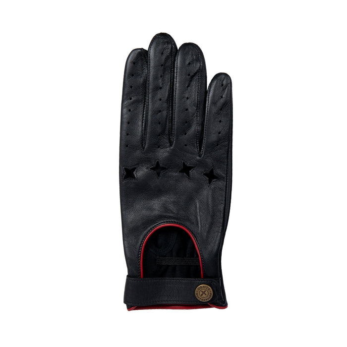 Men's The Suited Racer touchscreen leather driving gloves with wristwatch cut out in black/berry back of the glove