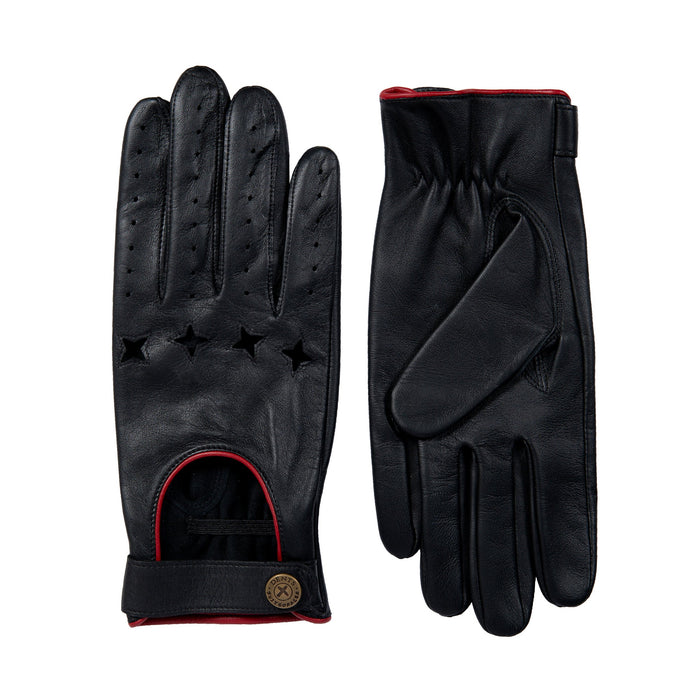 Men's The Suited Racer touchscreen leather driving gloves with wristwatch cut out in black/berry both gloves
