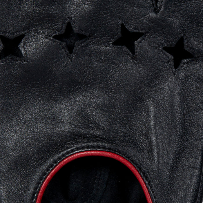 Men's The Suited Racer touchscreen leather driving gloves with wristwatch cut out in black/berry knuckle holes