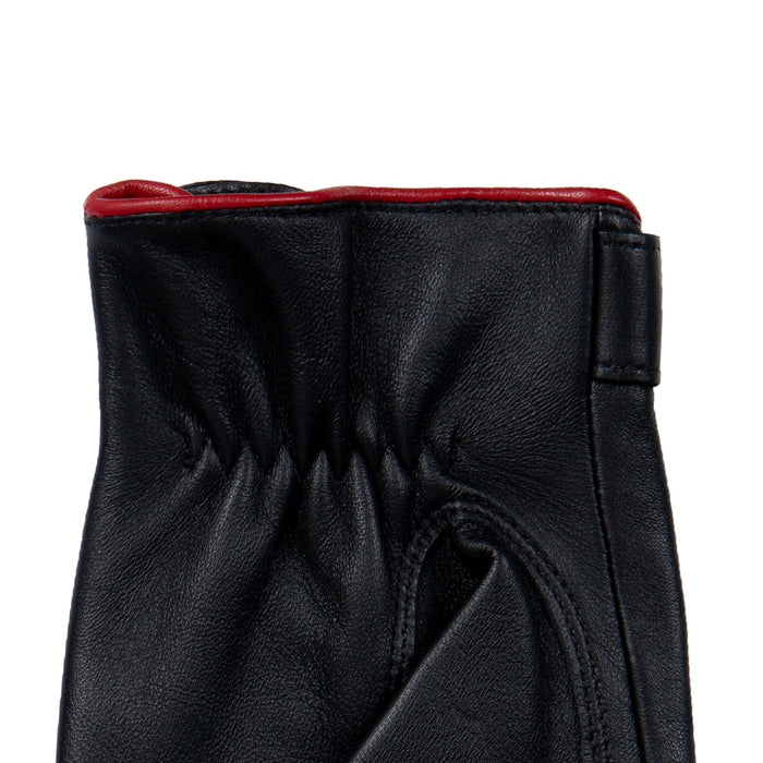 Men's The Suited Racer touchscreen leather driving gloves with wristwatch cut out in black/berry palm cuff