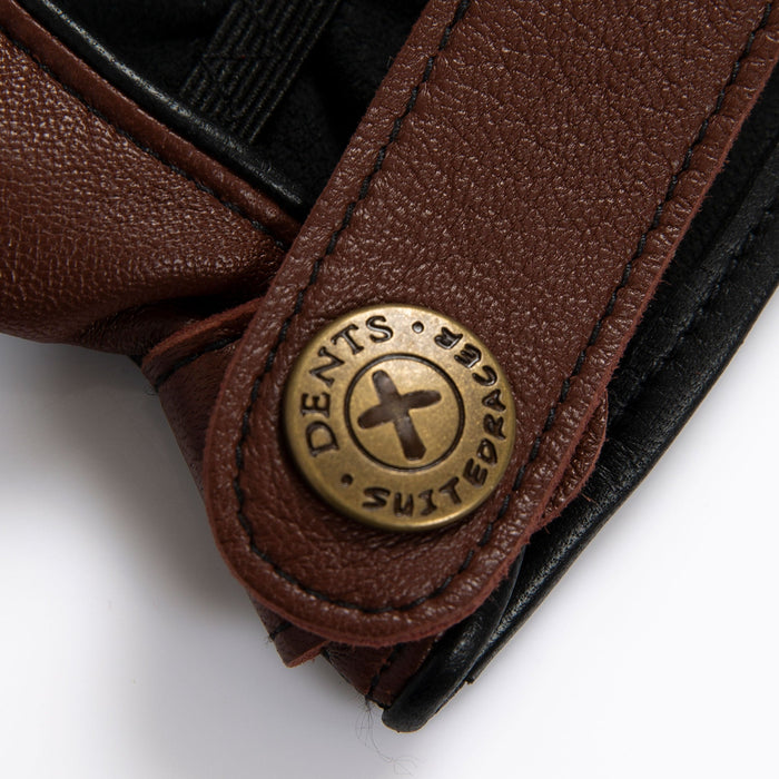 Men's The Suited Racer touchscreen leather driving gloves with wristwatch cut out in english tan button on the strap