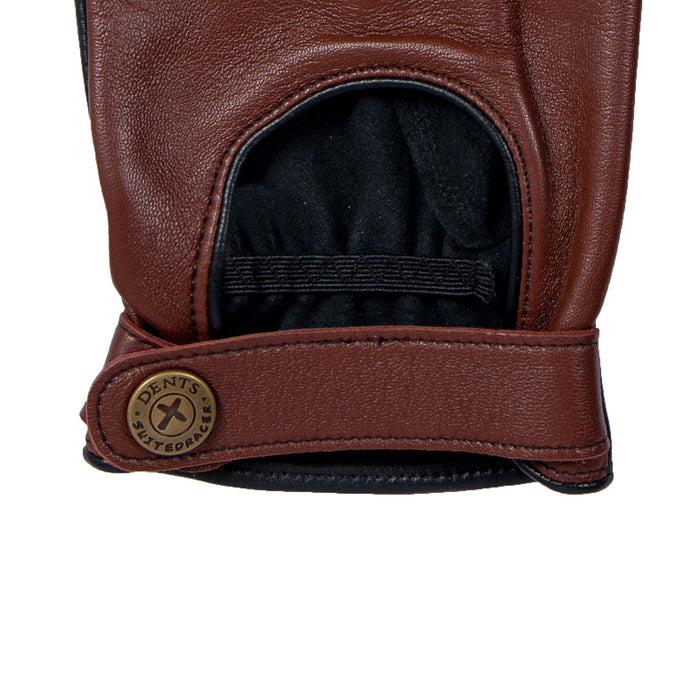 Men's The Suited Racer touchscreen leather driving gloves with wristwatch cut out in english tan cuff with a strap