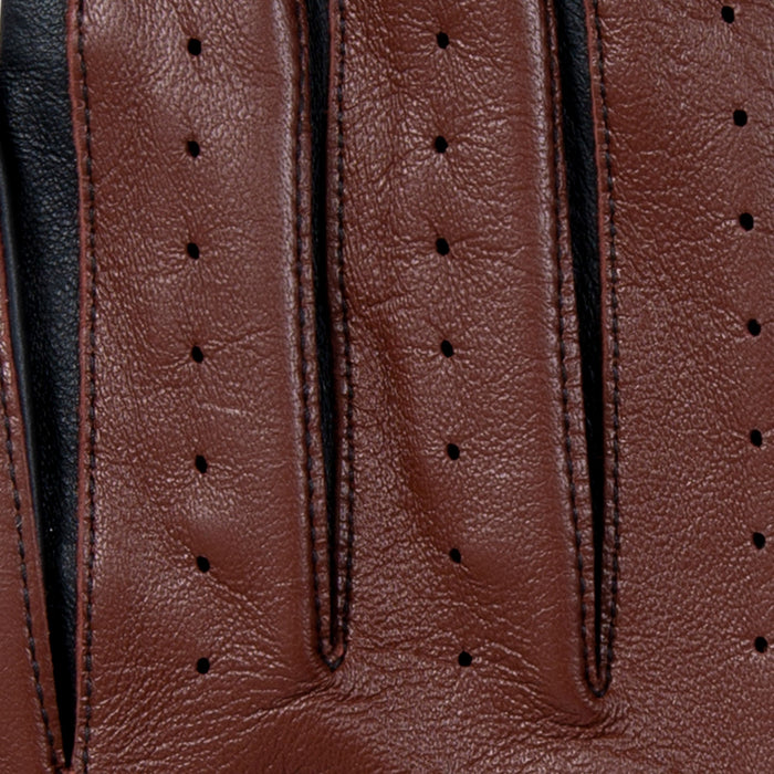 Men's The Suited Racer touchscreen leather driving gloves with wristwatch cut out in english tan stitches 