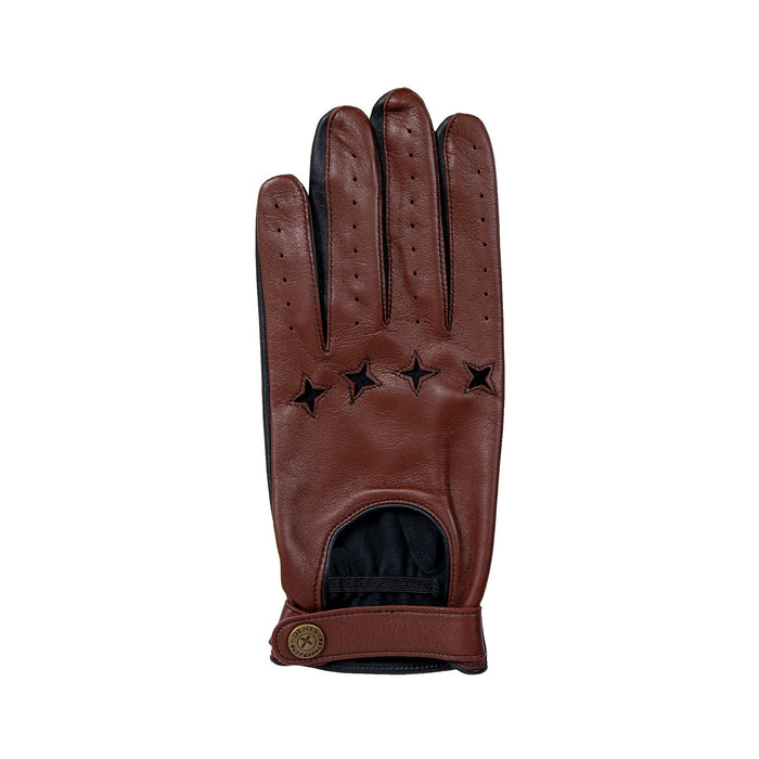 Men's The Suited Racer touchscreen leather driving gloves with wristwatch cut out in english tan back of the glove