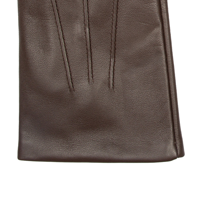 Men's touchscreen cashmere-lined leather gloves in brown - close up of the cuff
