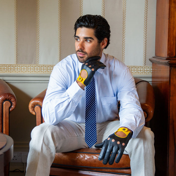 Men’s Touchscreen Three-Colour Leather Driving Gloves, Black/Black/Yellow / S