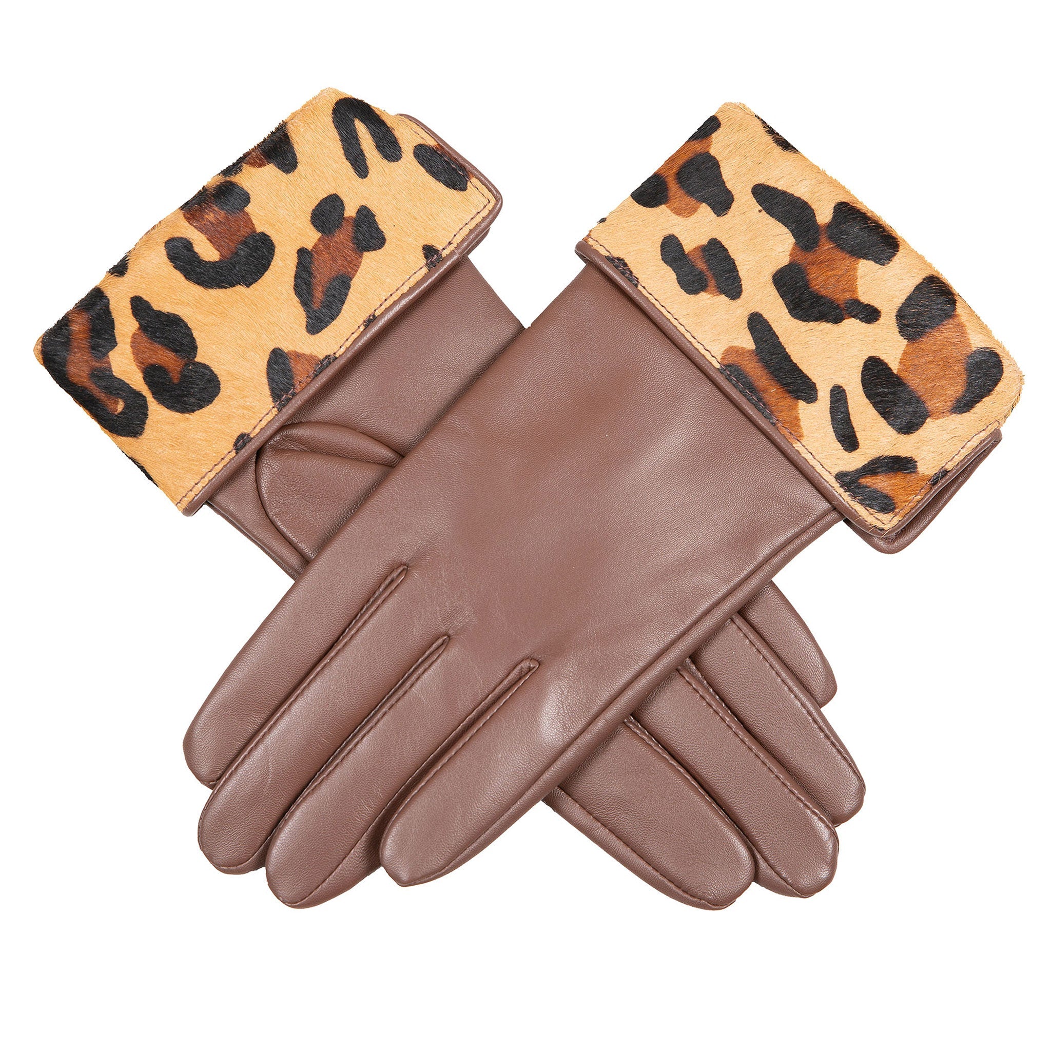 Women's Lined Leather Gloves with Ponyskin Leopard Print