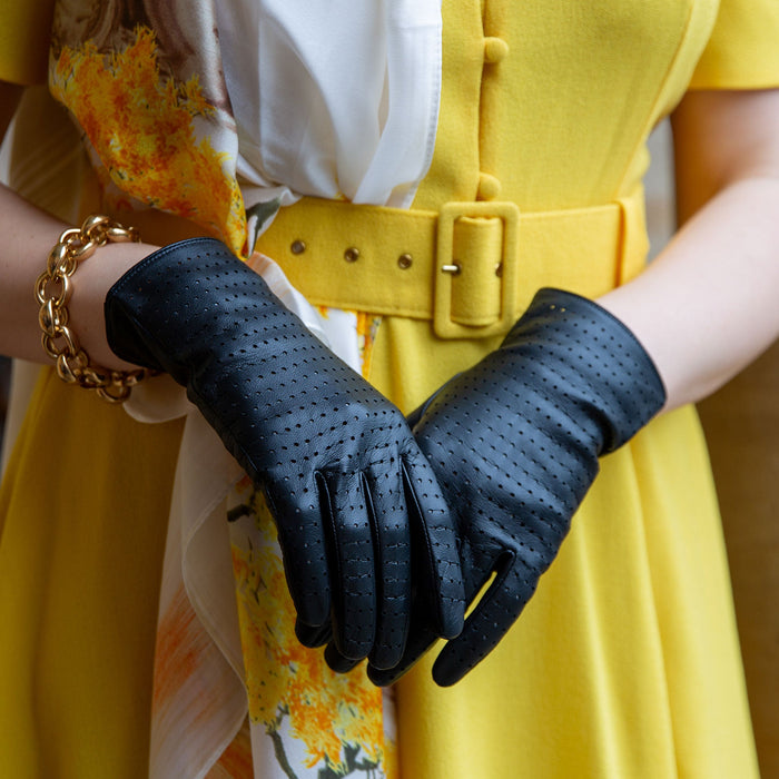 Dents Womens Perforated Leather Gloves in Black Dents Womens Perforated Leather Gloves in Black