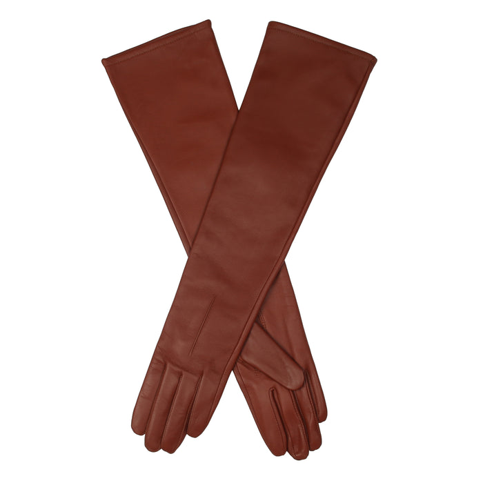 Women's Single Point Long Above Elbow Lined Leather Gloves cognac