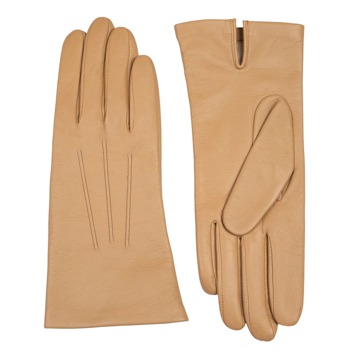 Women's Three Point Silk-Lined Leather Gloves Toffee side