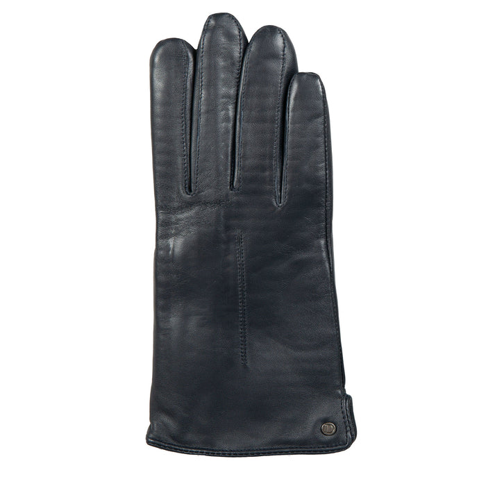 Women's touchscreen single-point faux fur lined leather gloves in navy right hand