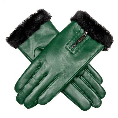 Women's Forest Touchscreen Faux Fur Lined Leather Gloves with Zip