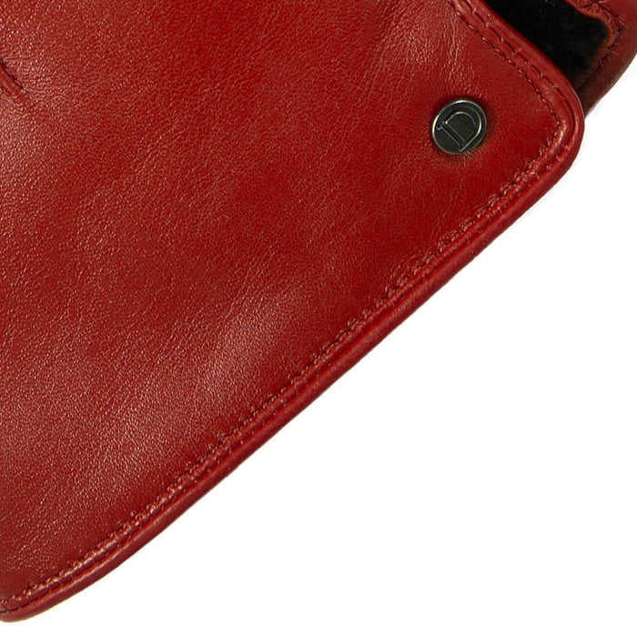 Women's touchscreen single-point faux fur lined leather gloves in berry closeup cuff