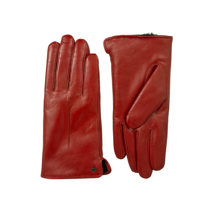 Women's touchscreen single-point faux fur lined leather gloves in berry side