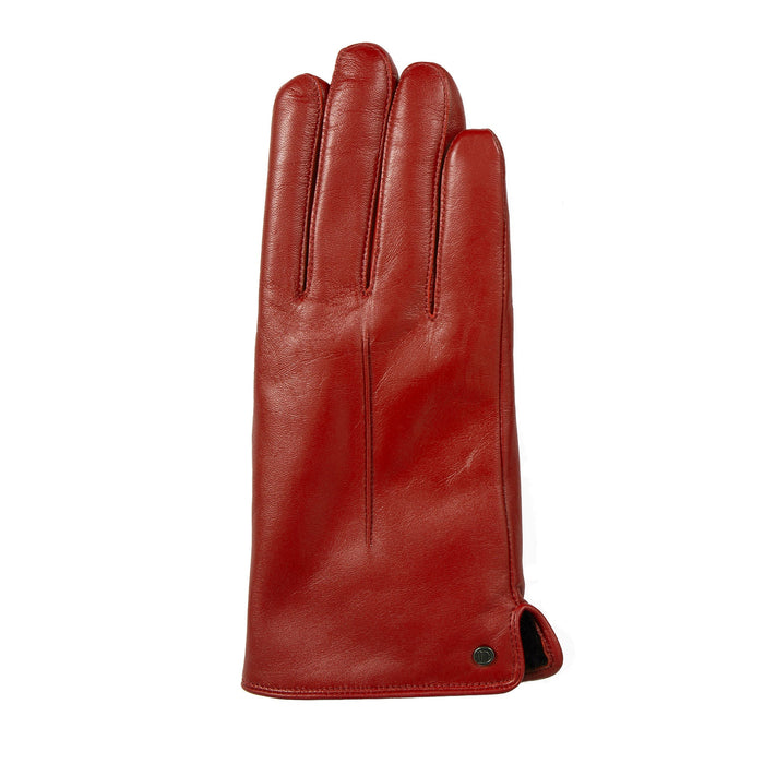 Women's touchscreen single-point faux fur lined leather gloves in berry right hand
