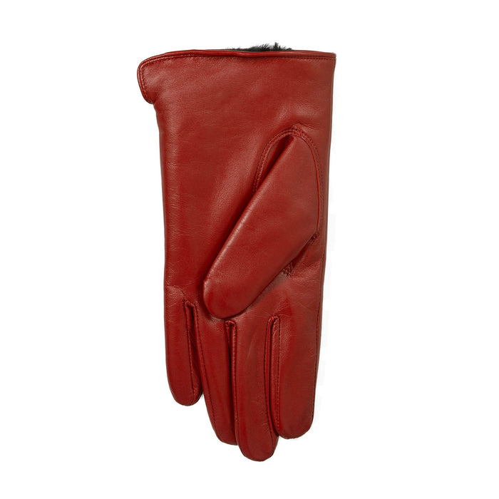 Women's touchscreen single-point faux fur lined leather gloves in berry left hand