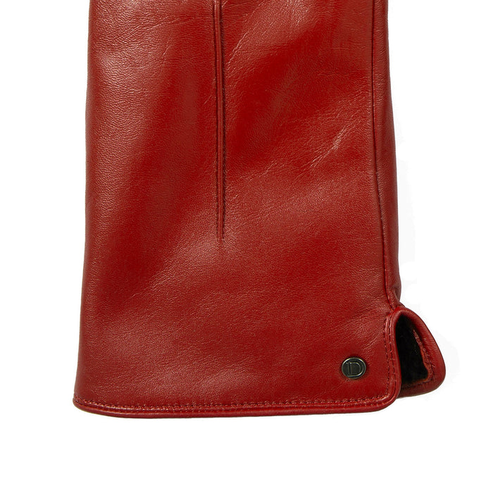 Women's touchscreen single-point faux fur lined leather gloves in berry right cuff