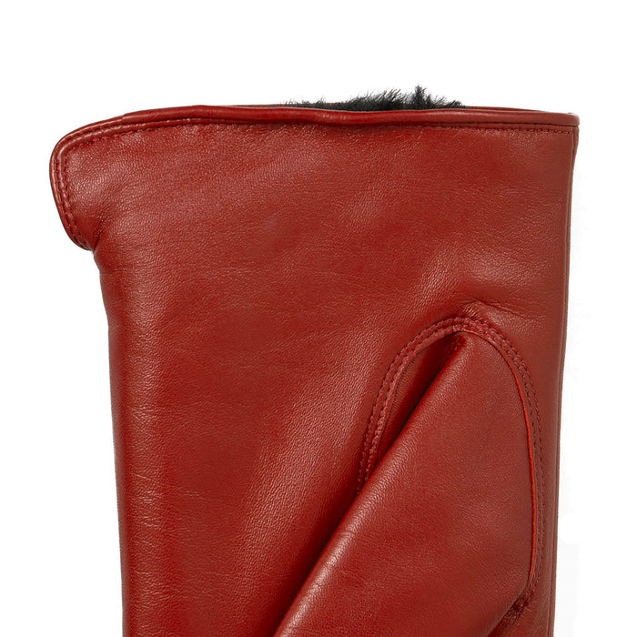 Women's touchscreen single-point faux fur lined leather gloves in berry left cuff