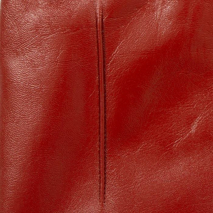 Women's touchscreen single-point faux fur lined leather gloves in berry stitching